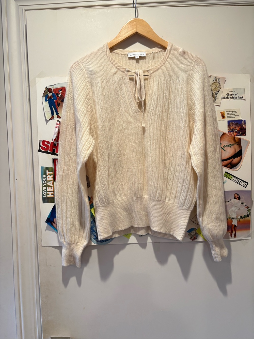 White + Warren Cream Ribbed Tie-Neck Sweater